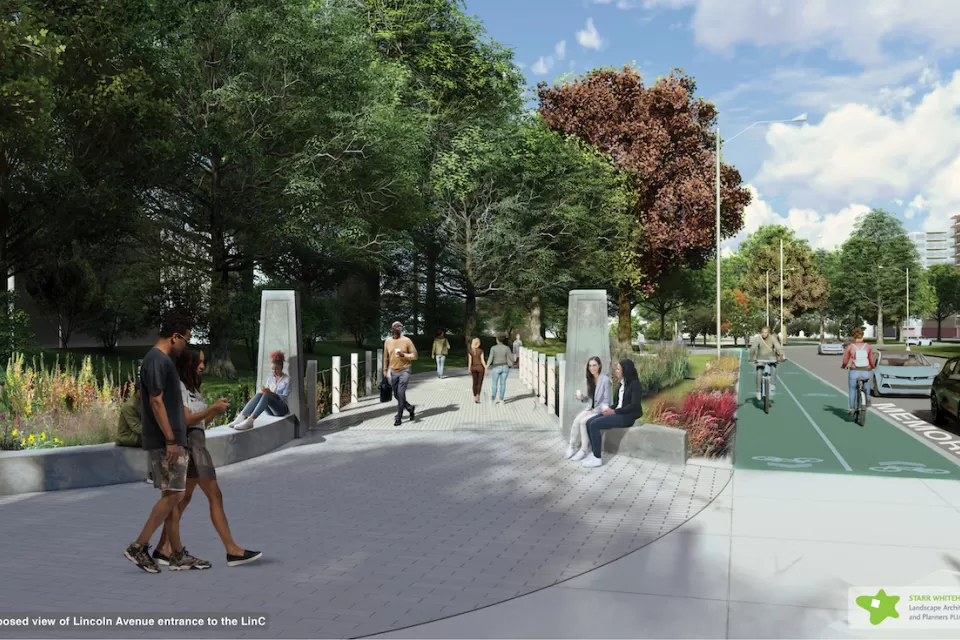 Rendering of proposed linear park in New Rochelle, New York.